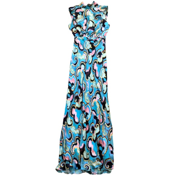 SALONI Vibrant Blue and Pink Abstract Print High Neck Maxi Dress Size 4 Couture - Picture 7 of 7